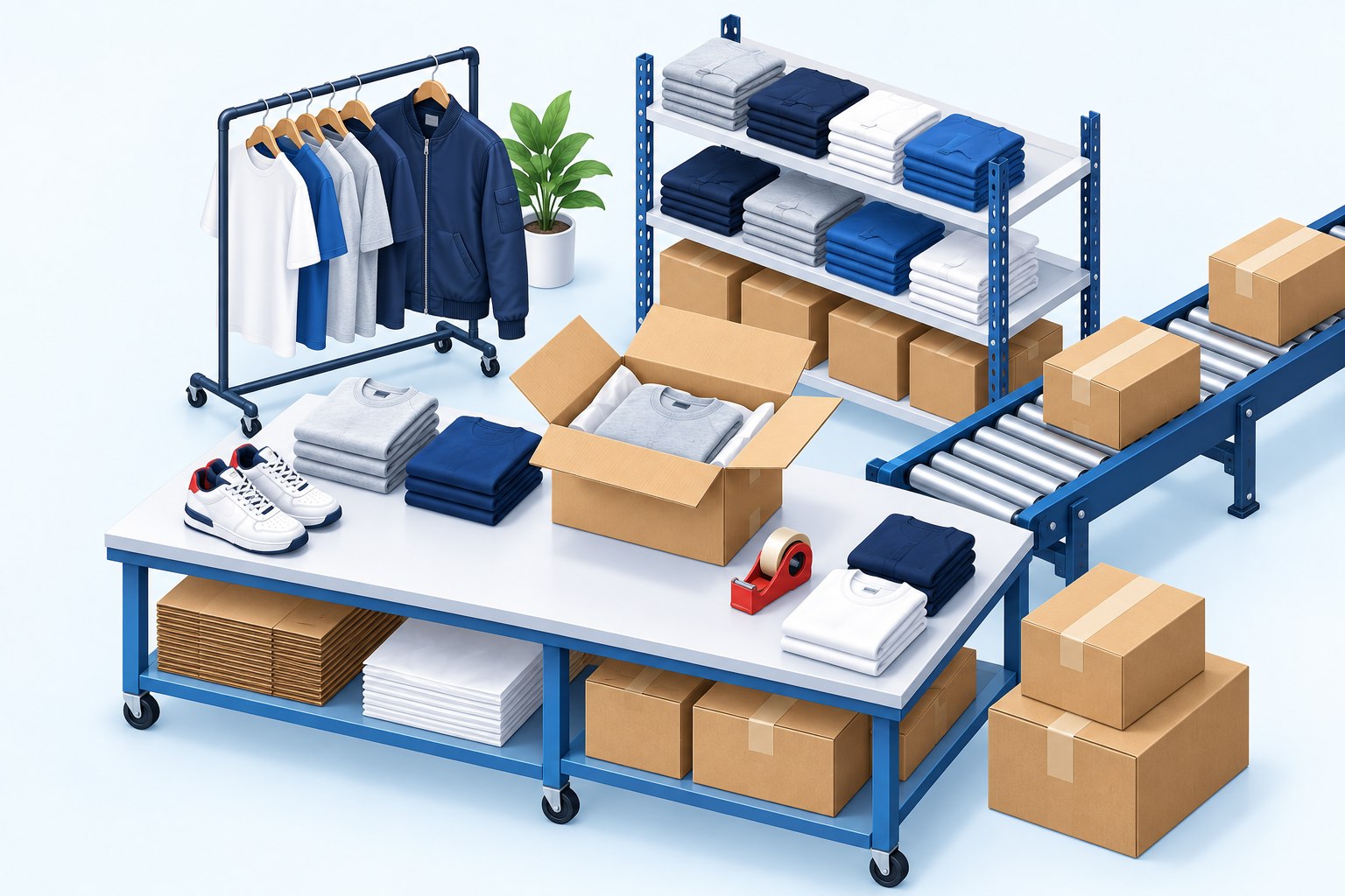 Illustration of folded clothing, a garment rack, sneakers, and apparel orders at a blue warehouse packing station
