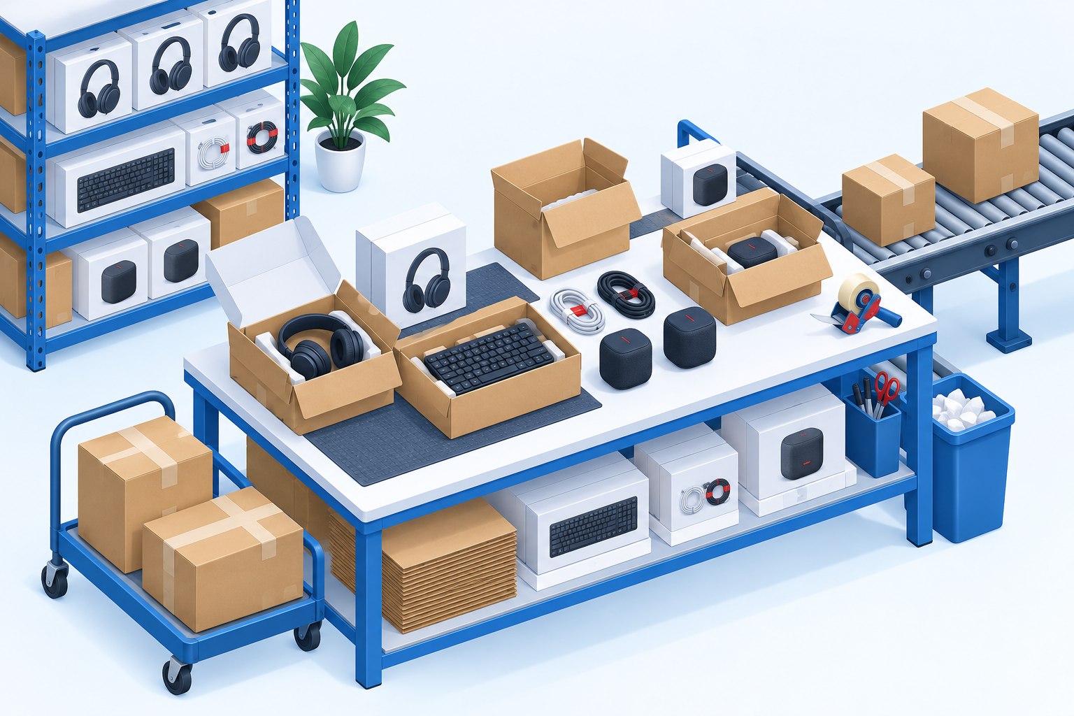 Illustration of headphones, keyboards, charging cables, and electronics cartons at a warehouse packing station