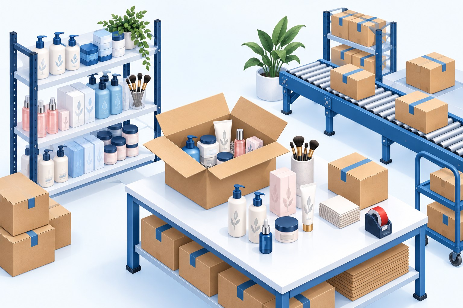 Illustration of skincare bottles, cosmetic jars, and beauty product cartons at a blue warehouse packing station
