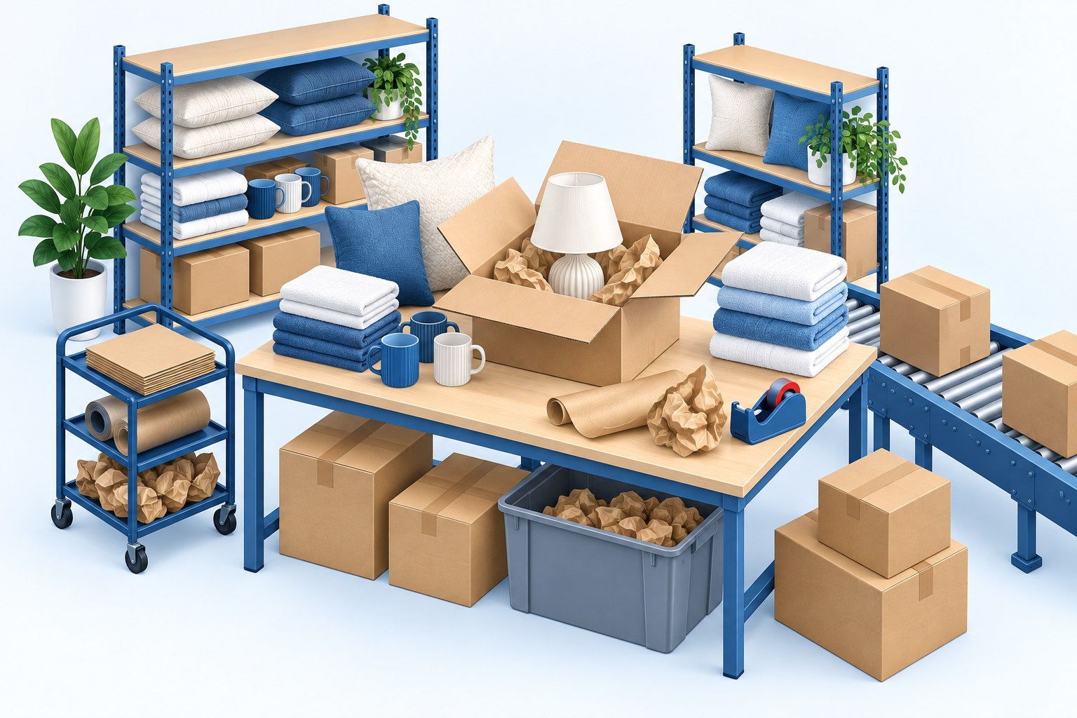 Illustration of cushions, towels, a lamp, ceramic mugs, and protective packaging at a warehouse station