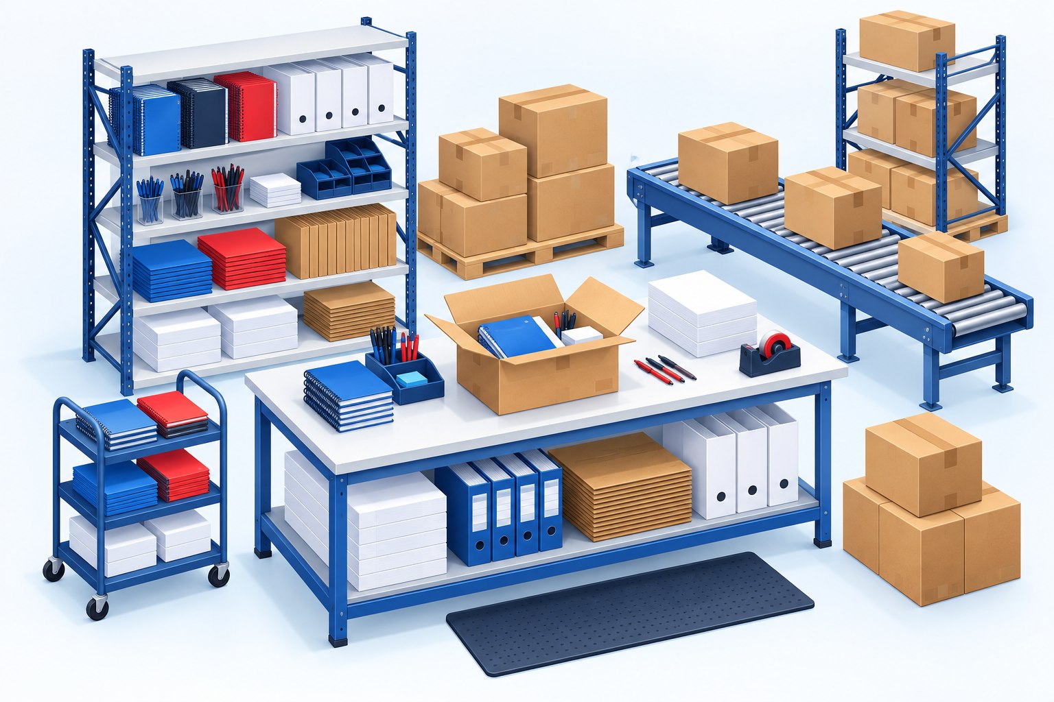 Illustration of notebooks, pens, folders, desk organizers, and office supply cartons at a packing station