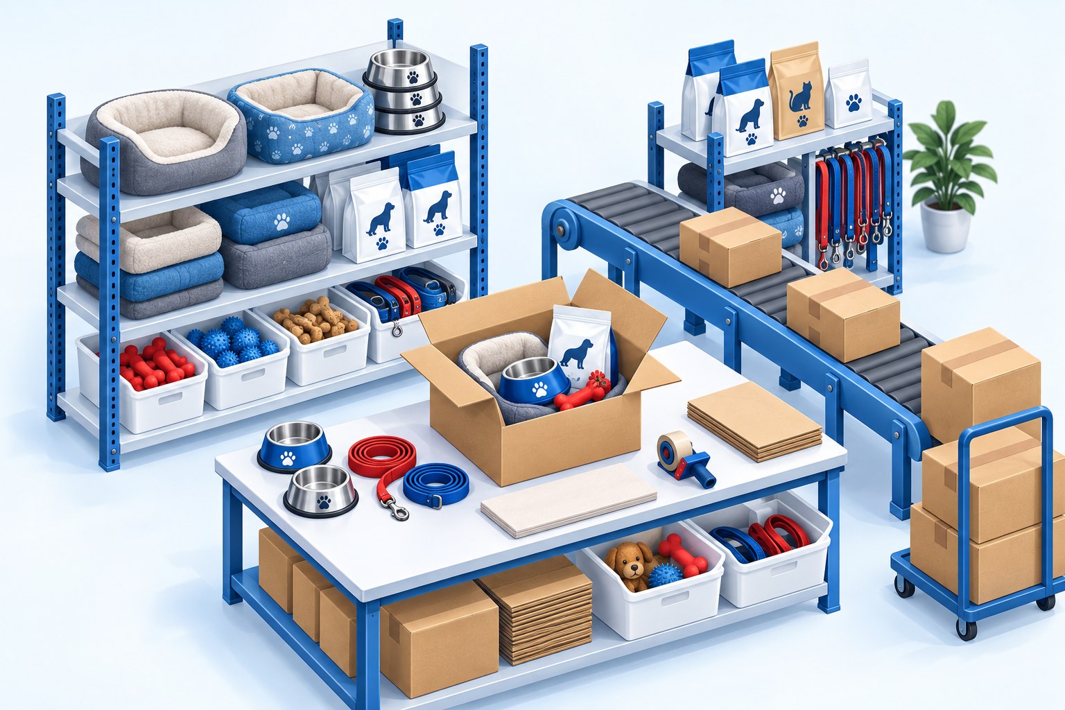 Illustration of pet bowls, leashes, toys, beds, and packed pet product orders in a blue warehouse
